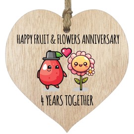 4th Wedding Anniversary Plaque Gift for Husband Wife - 4 Years Together - Happy Linen Anniversary Wooden Heart for Women Men Partner, Light Wood Sign Keepsake Gifts