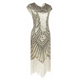 Letter Love Women 1920s Vintage Flapper Fringe Beaded Gatsby Party Dress With 20s Accessories Set (3XL, Beige)