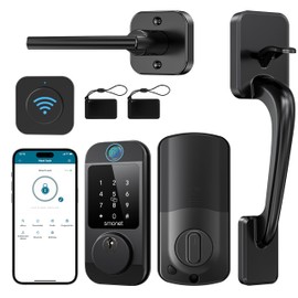 SMONET Smart Front Door Lock Set - Fingerprint Keyless Entry Door Lock Deadbolt with Handle Set Smart WiFi Deadbolt, Digital Keypad Auto Lockset with Code Fob App Compatible with Alexa Black