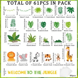 Whaline 61Pcs Jungle Animals Bulletin Board Decorations Cute Animals Cutouts with Glue Points Welcome to The Jungle Cutouts Party Decor for School Classroom Wall Birthday Baby Shower Party Supplies