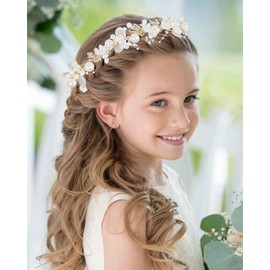Hazms 2 Pcs Flower Girl Headpiece Gold Flower Girl Hair Accessory with Adjustable Ribbon Rhinestone Pearl Flowers Girls Headband for Wedding, Birthday, First Communion or Everyday Wear