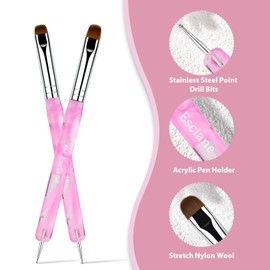 Esclane 2 Way French Nail Brush with Dotting Tool, Pink Marble Acrylic Handle, Nylon Head, Flat Tongue, #12