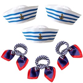 Timisea 6PCS White sailor hats and scarf,Yacht Captain Sailor Costume Accessories for Halloween Navy themed party Marine Sailor outfit Sailor Women Men