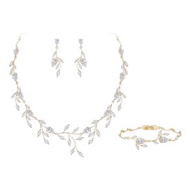 EVER FAITH Wedding Jewelry for Bride Women Bridesmaid, Sparkly Cubic Zirconia Pear-Shaped Birthstone Leaf Necklace Earrings Bracelet Set for Prom Clear Gold-Tone