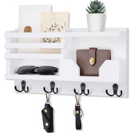 Lwenki Mail and Key Holder for Wall – Decorative 15.9” x 8.7” x 3.2” Entryway Organizer with Shelf – Paulownia Wood with 4 Dual Hooks Includes Mounting Hardware and Installation Guide