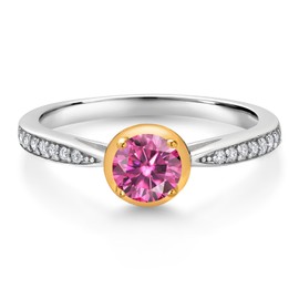 Gem Stone King 925 Silver and 10K Yellow Gold Pink Moissanite and White Lab Grown Diamond Engagement Ring For Women | 0.60 Cttw | Round 5MM | Available In Size 5, 6, 7, 8, 9