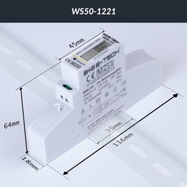 B+G E-Tech AC Meter [WS50] Digital 1 Phase Electricity Meter for DIN Rail 1TE with LCD and S0 to 50 A Direct Measurement at 230 V, Setup and Two-Direction Meter (WS50-1221 (MID 2023))