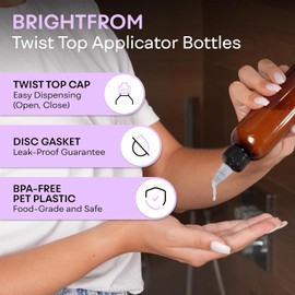 BRIGHTFROM Twist Top Applicator Bottles, 8 OZ, Squeeze Empty Plastic Bottles, Black Nozzle, BPA-Free, PET, Refillable, Open/Close Nozzle - Multi Purpose (Amber)