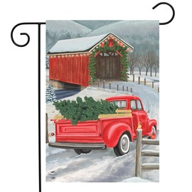 Festive Covered Bridge Christmas Garden Flag Red Pickup Truck 12.5" x 18"
