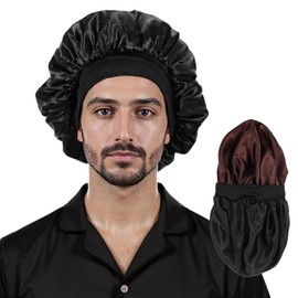 Ouligay Silk Sleep Bonnet Double Layer Silk Sleeping Bonnet Elastic Satin Bonnet for Sleeping Women Men Curly Hair Bonnet (Black & Coffee, Reversible)