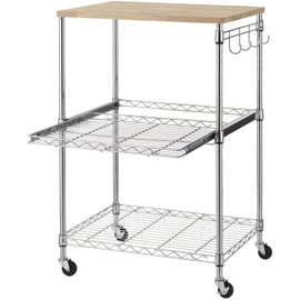 Finnhomy 3-Tier Rolling Kitchen Cart, Microwave Cart with Oak Wood Tabletop and Drawer Slider, Coffee Cart & Food Service Cart with Hooks, Chrome
