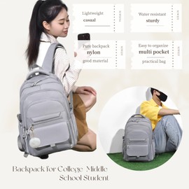NIWEIYA Backpack for Girls Teens, Solid-Color School Backpack for Boys Kids, Aesthetic Bookbag for Middle & High School Travel Daypack,Grey