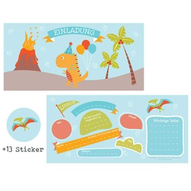 CardWheels 12 Invitation Cards Dinosaur Children's Birthday Party + 13 Stickers Free – Girls Boys / Dino Party Bag Dinos Birthday