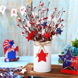 SiliFine 4th of July Table Centerpiece Decoration Memorial Day Patriotic Artificial Flower Stems Star Shaped Berry Picks with Metal Vase Pot for Independence Day Office Home(White and Red)