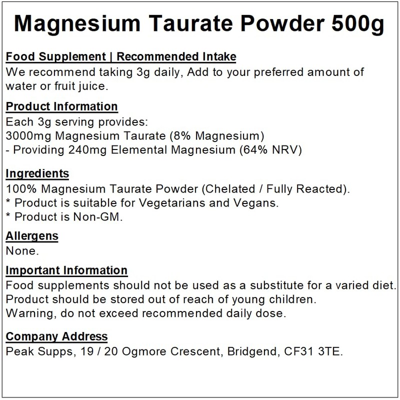 Magnesium Taurate Powder - Mineral - Vegan Friendly (500g)