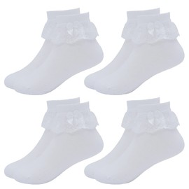 Snegyu 4 Pack Cotton Girls White School Socks White Frilly Lace Top Bows Dance Thin Summer Ankle Socks for Kids Girls 12-16 Years
