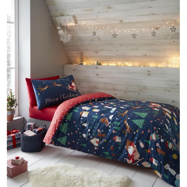 Catherine Lansfield Kids Bedding Santa's Christmas Wonderland Glow in the Dark Single Duvet Cover Set with Pillowcase Navy