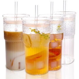 WeirdUncle Set of 4 20oz Glass Tumblers with lids and straws, Vintage Ribbed Glass Cups set, Origami Style, Thickened Glass, Ideal for Water, Iced Coffee, Juice, Milk Tea, Beer, Housewarming Gift