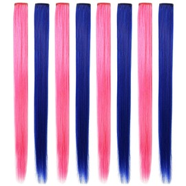 RYH Coloured Hair Extensions Clips Colourful Hair Strands Smooth Rainbow Straight (DIY) Christmas for Girls Children Synthetic Hairpiece 8 Pieces (Blue Pink)
