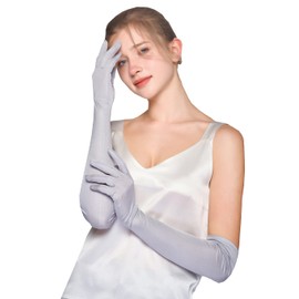 METWAY Women Pure Silk Long Gloves Elbow Length Opera Evening Party Sunscreen UV protection Sleeping Moisturizing Glove Silver-gray