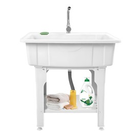 CRYBY Freestanding Plastic Laundry Sink, Indoor Outdoor Utility Sink Laundry Tub with Washboard & Cold and Hot Water Faucet, Wash Station Tubs & Drainage Kit for Laundry Room, Garage, Basement, Garden