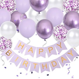 Gidobo Happy Birthday Banner, Lilac Birthday Decoration, 16Pcs 12in Happy Birthday Balloons with 2 Ribbons for Men Women Girls and Boys Birthday Party Decoration