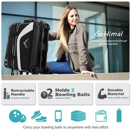 GoHimal Double Roller 2 Ball Bowling Bag with Separate Shoe Compartment for Bowling Shoes (Up To US Men Size 15) and Abundant multifunction Accessory Pocket, Upgraded fabric, Retractable Handle -
