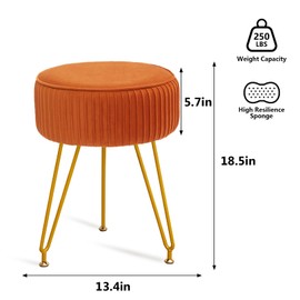 Velvet Vanity Stool, Modern Ottoman Foot Rest Stool with Adjustable Golden Legs, Makeup Chair for Vanity, Multifunctional Small Vanity Chair for Bedroom, Orange