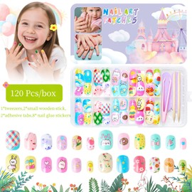 Press on Nails for Kids 120Pcs Children Acrylic Fake Nails Rabbit Glue on Nails Glossy Full Cover False Nail Colorful Short Square Stick on Nail Art Kits Sets for Kids Girls Cute Manicure