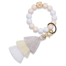 Bisanzoya Beaded Keychain with Tassel, Silicone Key Ring Bracelet, Cute Boho Car Key Chain Wristlet for Women (Beaded, Beige)