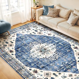 WITSHOCK 8x10 Washable Area Rugs: Non Slip - Low Pile Resistant Floor Carpet for Living Room Bedroom Dining-Family Office Users-Home Decoration Boho Rug 2025 (Blue)