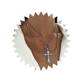 Inateannal Vintage Layered Crystal Cross Necklace Punk Cz Cross Pendant Necklace Silver Circle Choker Necklace Chunky Cuban Chain Necklace Jewelry for Women and Girls