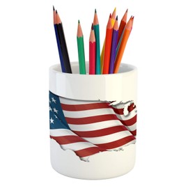 Ambesonne American Pencil Pen Holder, Patriotic Image with Waving United States Flag Stars and Stripes, Ceramic Pencil Holder for Desk Office Accessory, 3.6" X 3.2", Navy Blue Vermilion White
