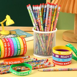 JUNEBRUSHS 48Pcs Welcome Back to School Party Favors Set, 24Pcs Pencils with 24Pcs Silicone Bracelets for Classroom First Day of School Party Reward Supplies