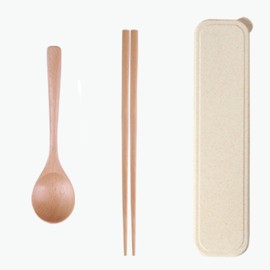 箸 スプーン 木製2点セット カトラリー 天然木の箸 ケース付き コンビセット アウトドア 携帯食器セット 学生 大人用 食器セット ランチ 通勤 通学 弁当箱用 キャンプ用 携帯便利（カーキ ）