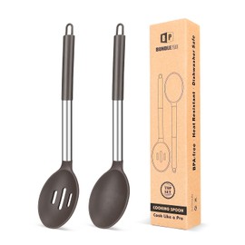Pack of 2 Large Silicone Cooking Spoons,Non Stick Solid Basting Spoon,Heat-Resistant Kitchen Utensils for Mixing,Serving,Draining,Stirring (CHOCOLATE)