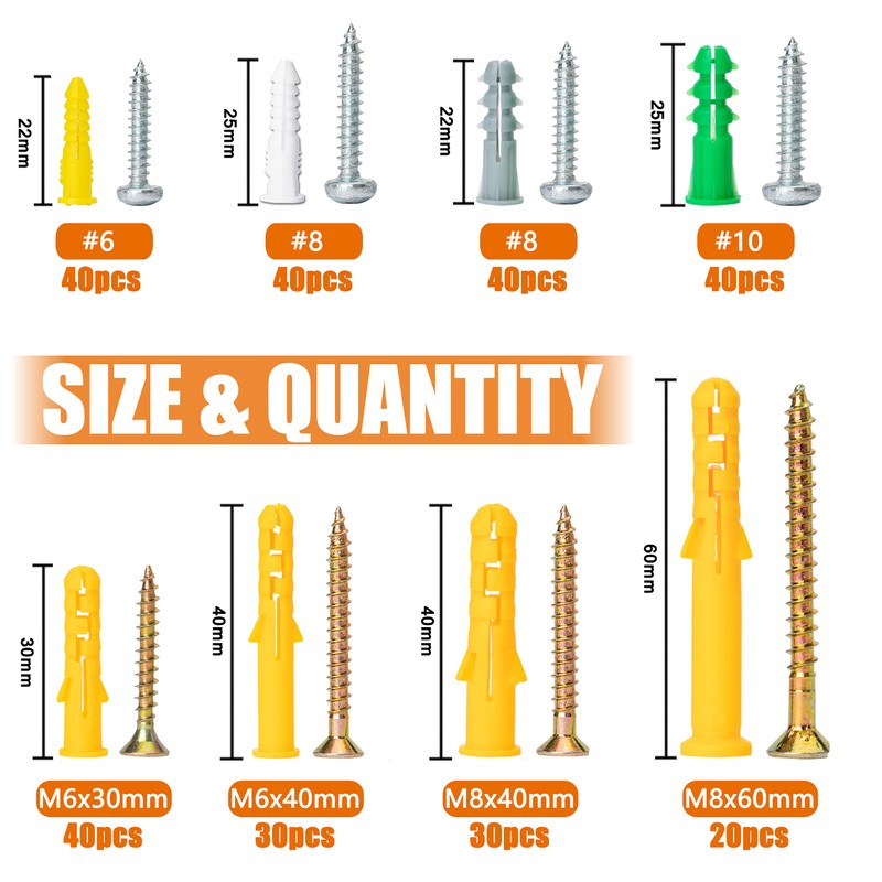 ISPINNER 280pcs Plastic Drywall Anchors and Screws Assortment Kit, 8