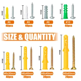 ISPINNER 280pcs Plastic Drywall Anchors and Screws Assortment Kit, 8 Different Sizes Ribbed Anchors for Wall Hanging and Mounting