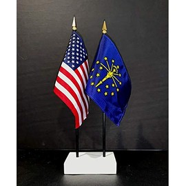 1 American and 1 Indiana Miniature Office Flag Set Rayon 4x6 inch Office Flag are American Made Little Hand Waving Table Flags Includes a 2-Hole White Flag Stand