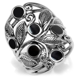 Silvershake Created Black Onyx Inlay 925 Sterling Silver Filigree Leaf Ring, Onyx,