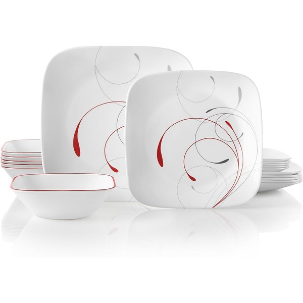Corelle Vitrelle 18-Piece Service for 6 Dinnerware Set, Triple Layer Glass and Chip Resistant, Lightweight Square Plates and Bowls Set, Splendor