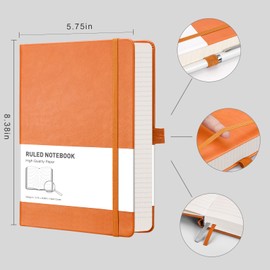 RETTACY Lined Journal Notebook - A5 Note Book Hardcover Thick Notepad 320 Numbered Pages for Writing,100gsm Lined Paper, Leather Hardcover, for Women Men Work Office School,14.5 x 21cm - Orange