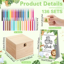 Marsui 136 Pcs Baby Shower Blocks to Decorate Game Kit Includes 98 Wooden Blocks, 36 Markers, 1 Game Sign, 1 Storage Box for Baby Shower Gender Reveal Activity Party Decorations(Animal)
