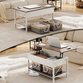 VINGLI Lift Top Coffee Table with Two Free HQ Cloth Bins Storage, Farmhouse White Coffee Table for Living Room, Small Coffee Table for Small Space in Minimalistic/Retro Style, Rustic 36"