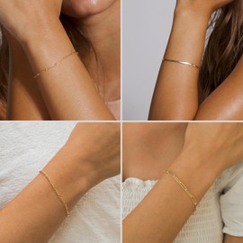 DEARMAY Dainty 14K Gold Chain Bracelets for Womens Trendy Waterproof Real Gold Plated Jewelry Set Fashion Stackable Beaded Figaro Herringbone Link Bracelet Pack Stack Gifts for Women