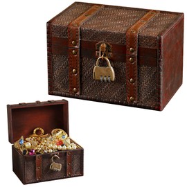 Vintage Wooden Treasure Chest with Combination Lock, 3 Digits, Retro Pirate Treasure Chest with Lock, Small Wooden Treasure Chest Box, Jewellery Box, Storage Box for Storage and Decorating, 19 x 12 x