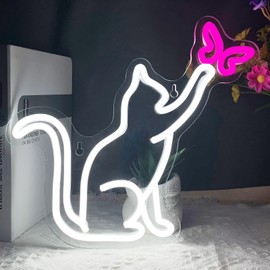 Cat Neon Signs, Cat Butterfly LED Neon Sign for Wall Decor, Cute Cat Neon Lights, Kawaii Animal 3D Wall Art Neon Light Sign for Bedroom Living Room Children Kids Girls Present Bar Home Party Birthday