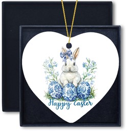 Welshower Easter Ornaments, Blue Chinoiserie Floral Easter Eggs Bunny Christmas Ornament, Bunny Gifts for Women Ceramic Hanging Heart Ornament Keepsake for Tree Car Decorations
