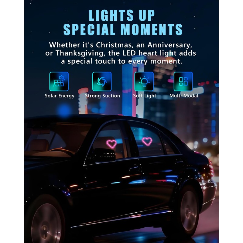 VANKUB 2PCS Solar-Powered Car Heart Lights, 5-Mode Wireless LED Ambient