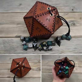 Tsudoku PU Leather D20 Dice Bag Polyhedral Dice Pouch Portable Drawstring Bag for, Game, DND Dice Bag, Brown